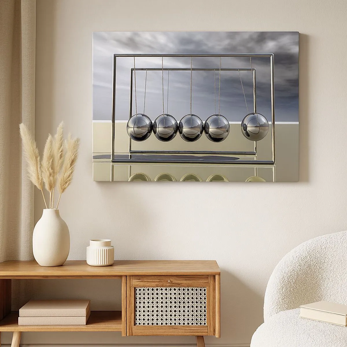 Tablou pe pânză Canvas - Sferele lui Newton într-un cadru minimalist cu reflexii de lumină - 70x50cm - Energia lumii - Decorațiune modernă pentru perete pentru living și dormitor ARTTOR