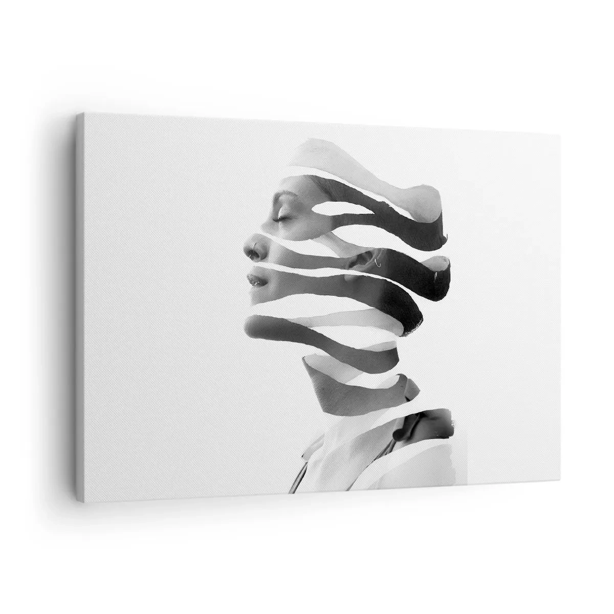 Tablou pe pânză Canvas - Portret alb-negru al unei femei cu un efect suprarealist de dungi - 70x50cm - Un portret suprarealist - Decorațiune modernă pentru perete pentru living și dormitor ARTTOR