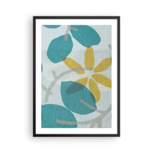 Poster în ramă neagră - Grafică botanică modernă în nuanțe de albastru și galben - 50x70cm - Printre frunzele de azur - Decorațiune modernă pentru perete pentru living și dormitor ARTTOR