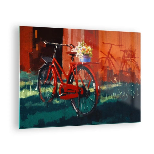 Tablou pe sticlă - O bicicletă roșie cu flori în fața unei clădiri roșii - 70x50cm - I want to ride my bicycle - Decorațiune modernă pentru perete pentru living și dormitor ARTTOR