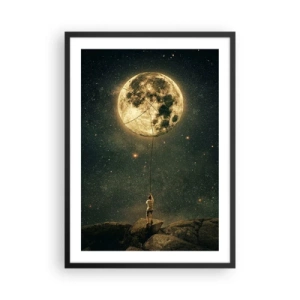 Poster în ramă neagră - O figură ținând luna pe o frânghie într-un peisaj înstelat. - 50x70cm - Cel care a furat Luna - Decorațiune modernă pentru perete pentru living și dormitor ARTTOR
