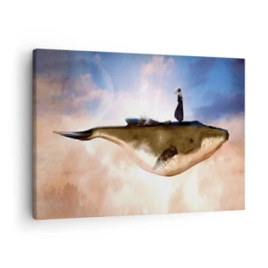 Tablou pe pânză Canvas - O scenă fantastică cu o femeie pe o balenă printre nori - 70x50cm - O călătorie suprarealistă - Decorațiune modernă pentru perete pentru living și dormitor ARTTOR
