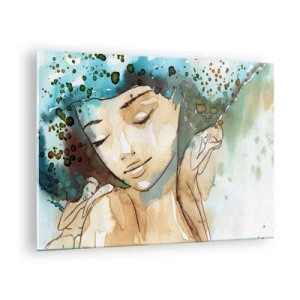Tablou pe sticlă - Portret în acuarelă al unei femei cu ochii închiși - 70x50cm - Lady în albastru - Decorațiune modernă pentru perete pentru living și dormitor ARTTOR