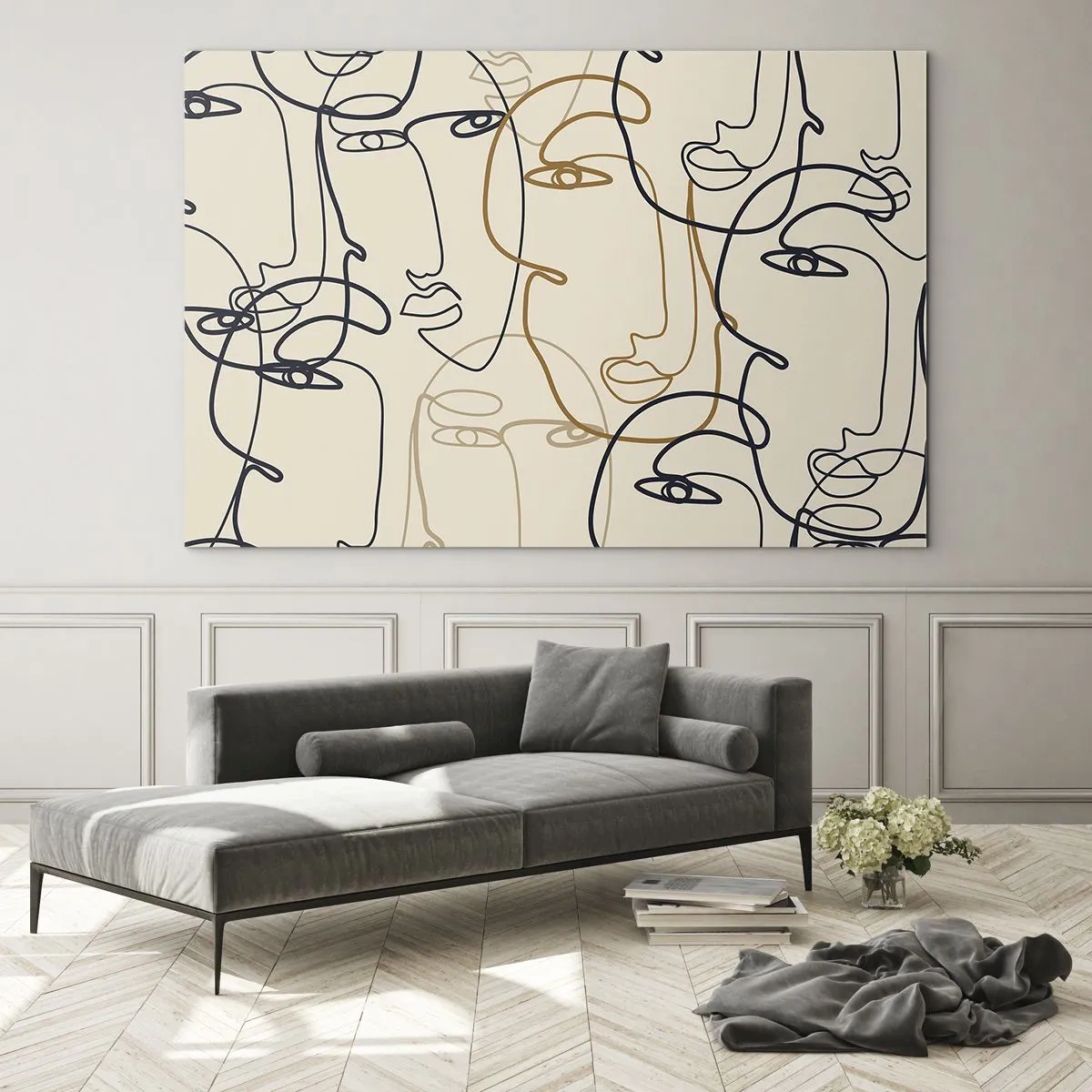 Tablou pe sticlă - Fețe conturate desenate dintr-o singură tușă pe bej - 70x50cm - Portret multiplicat - Decorațiune modernă pentru perete pentru living și dormitor ARTTOR