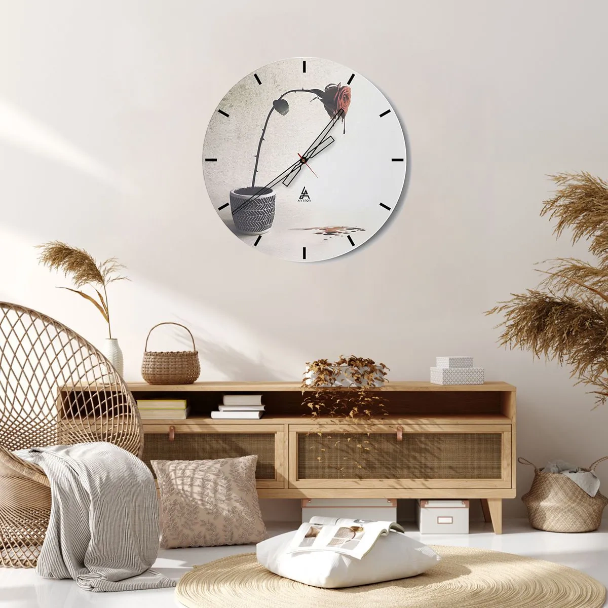 Ceas de perete - Ceas pe sticlă - Trandafir suprarealist cu efect de topire - 30x30cm - Rosa dolorosa - Decorațiune modernă pentru perete pentru living, bucătărie și dormitor ARTTOR