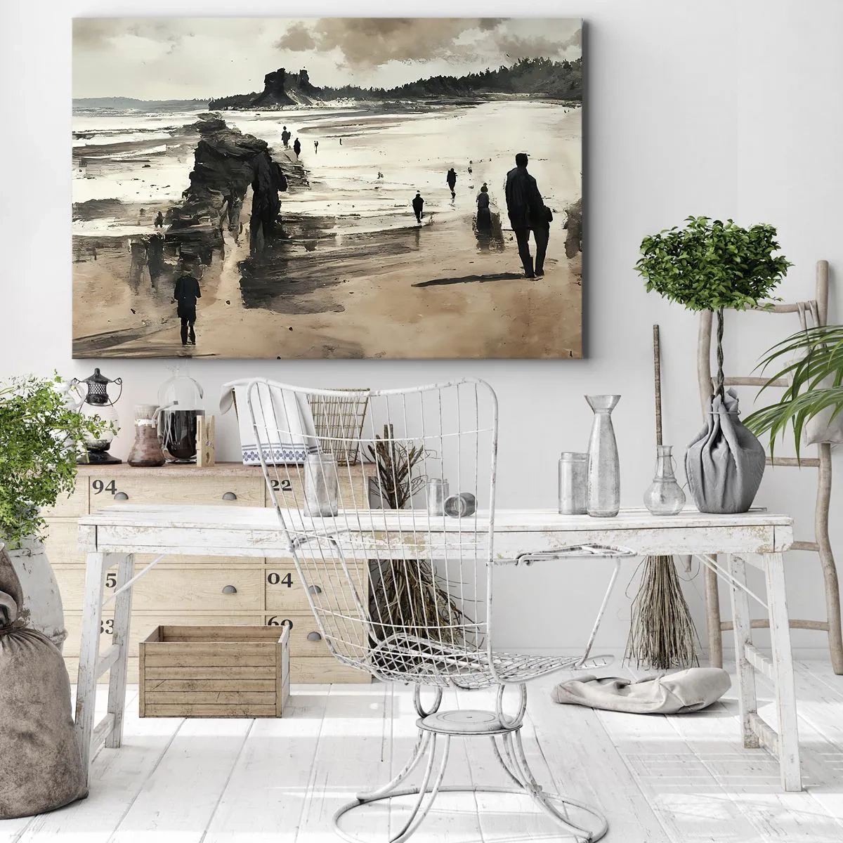 Tablou pe pânză Canvas - Plimbători pe plajă într-un peisaj liniștit - 70x50cm - Reamintiți - Decorațiune modernă pentru perete pentru living și dormitor ARTTOR