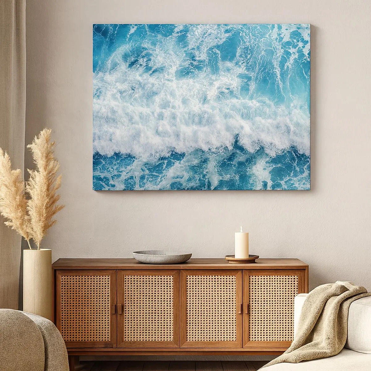 Tablou pe pânză Canvas - Valuri dinamice ale oceanului în nuanțe de albastru - 70x50cm - Cu bucurie și în salturi - Decorațiune modernă pentru perete pentru living și dormitor ARTTOR