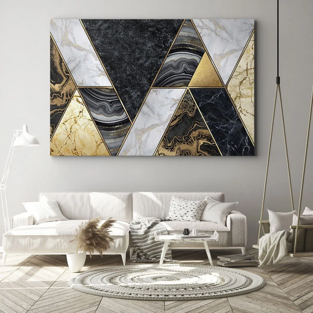 Tablou pe pânză Canvas - Triunghiuri geometrice în auriu, marmură și nuanțe închise - 70x50cm - Piatră cu piatră - Decorațiune modernă pentru perete pentru living și dormitor ARTTOR