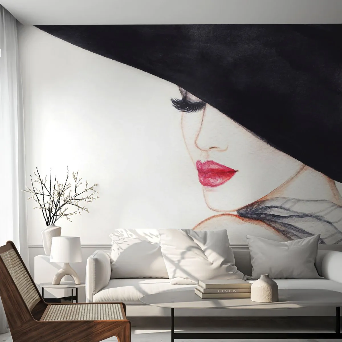 Tapet Standard Eco - Eleganță și senzualitate - Femeie, buze rosii, Pălărie neagră - 200x140 cm