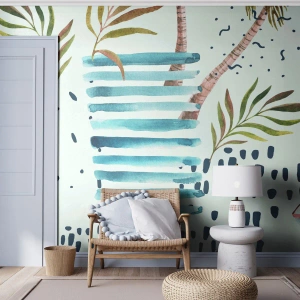 Tapet Premium Canvas - Vacanță sub palmieri - Acuarele, Palmier de nuca de cocos, Barcă cu pânze - 350x256 cm