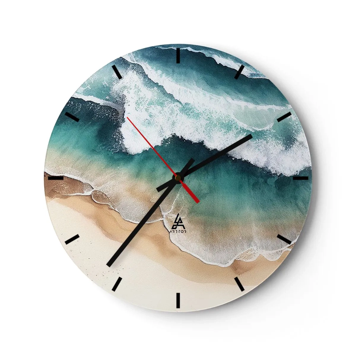 Ceas de perete - Ceas pe sticlă - Valurile mării se sparg pe o plajă nisipoasă din vederea unei păsări - 30x30cm - Întâlnire eternă - Decorațiune modernă pentru perete pentru living, bucătărie și dormitor ARTTOR