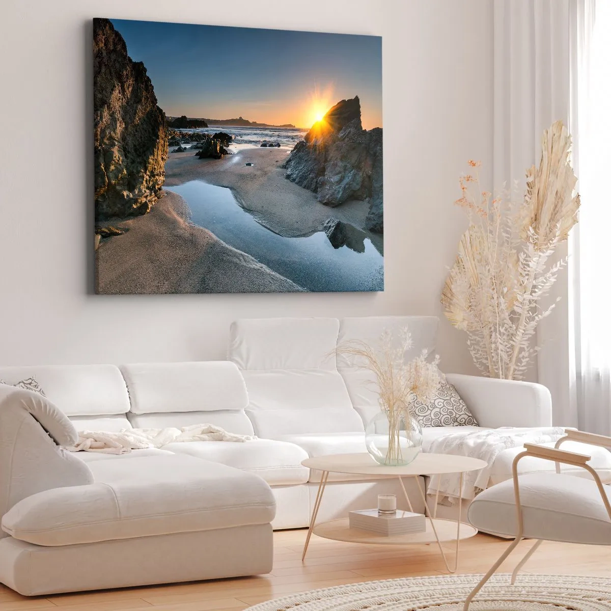 Tablou pe pânză Canvas - Apus de soare pitoresc pe o plajă stâncoasă - 70x50cm - Neatinse de mâna omului - Decorațiune modernă pentru perete pentru living și dormitor ARTTOR