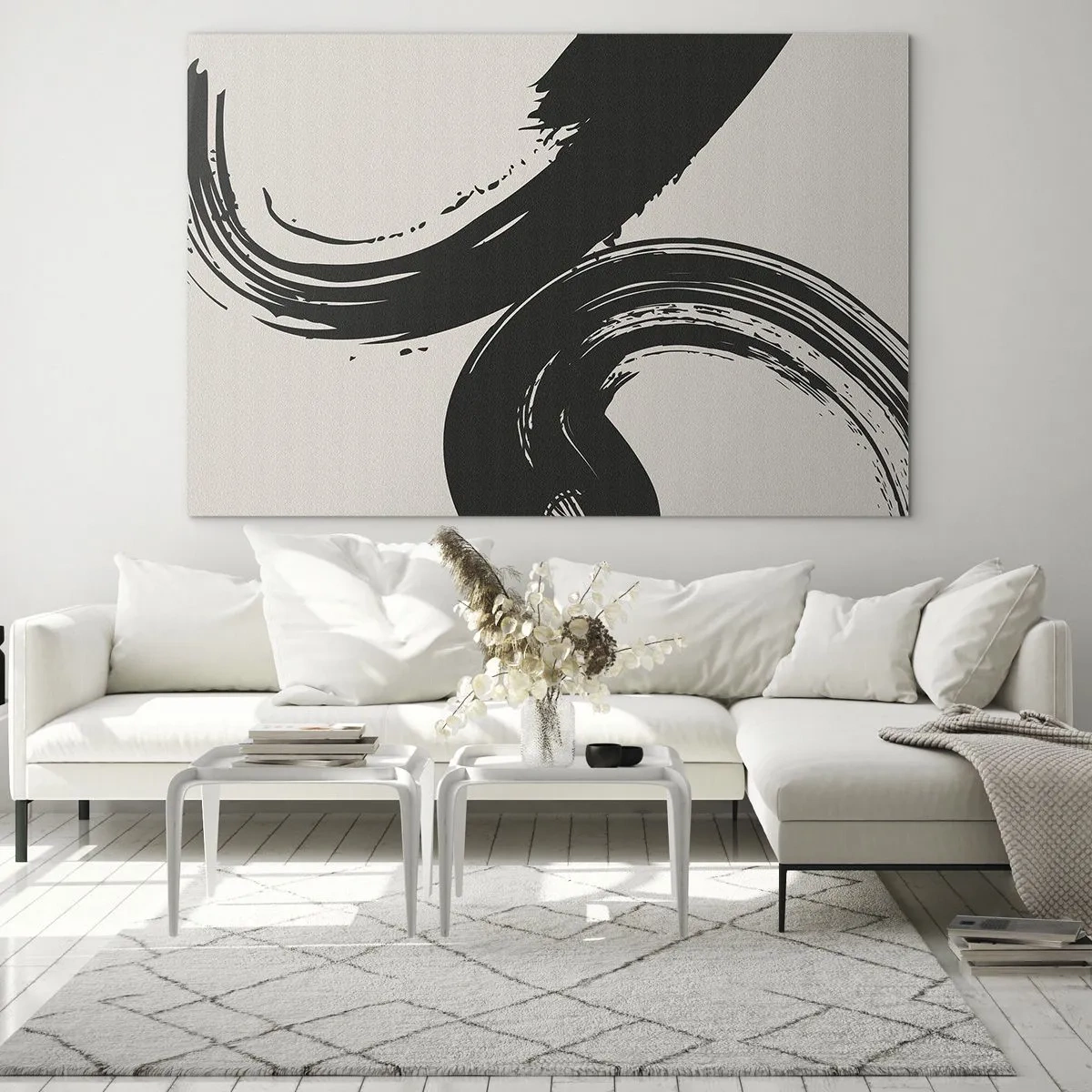 Tablou pe sticlă - Tușe caligrafice negre, dinamice, pe un fundal deschis. - 70x50cm - Tare și circular - Decorațiune modernă pentru perete pentru living și dormitor ARTTOR