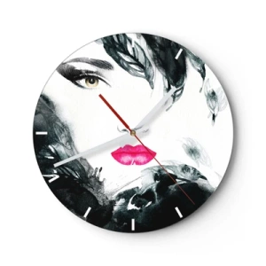 Ceas de perete - Ceas pe sticlă - Portret artistic al unei femei cu buze și ochi expresivi - 30x30cm - Atenție! Femme fatale - Decorațiune modernă pentru perete pentru living, bucătărie și dormitor ARTTOR