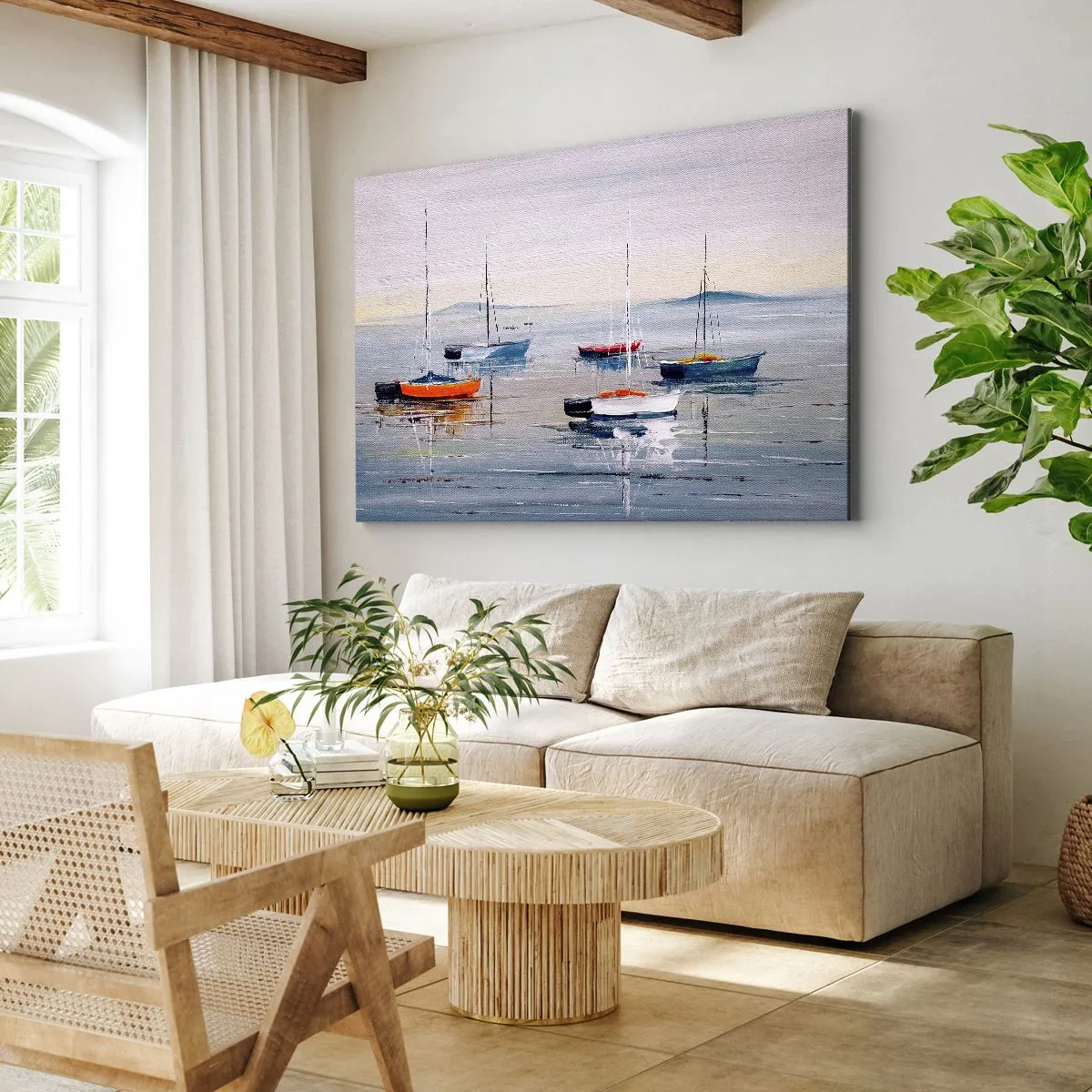 Tablou pe pânză Canvas - Bărci colorate pe ape calme - 70x50cm - O odihnă binemeritată - Decorațiune modernă pentru perete pentru living și dormitor ARTTOR