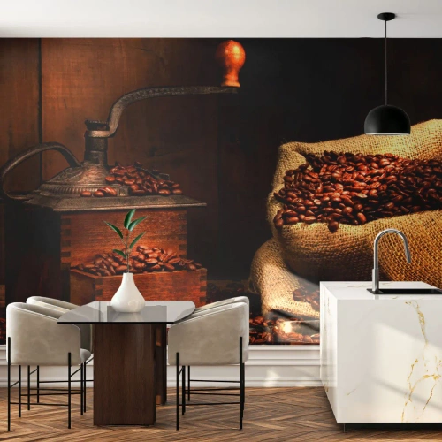 Fototapetă personalizată Standard Eco - Natură moartă cu boabe de cafea și măcinător - Gastronomie, Cafea, Râșniță de cafea