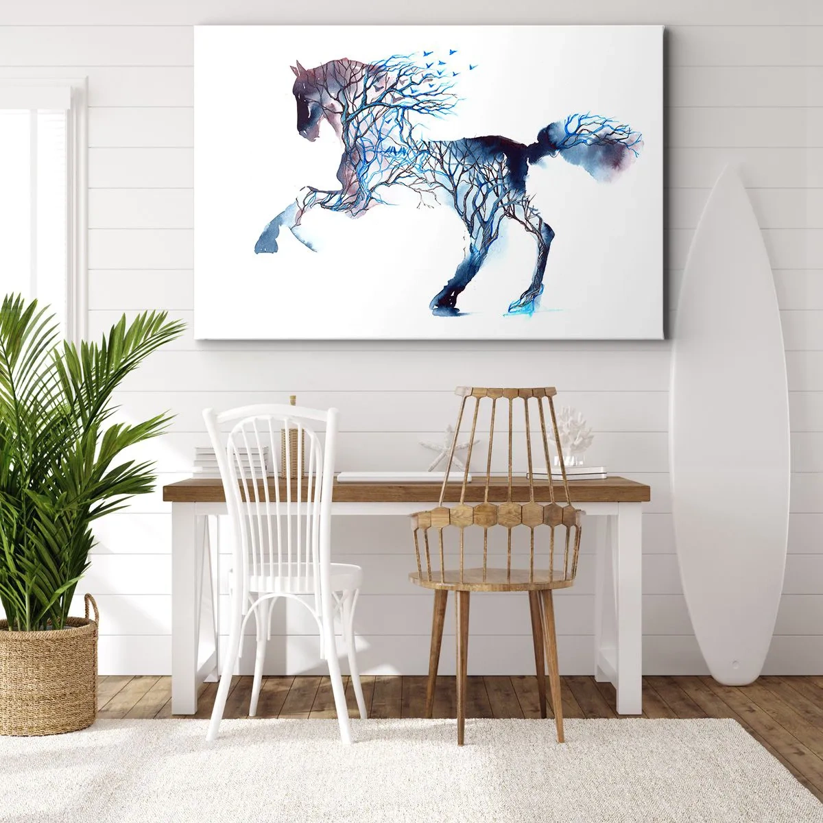 Tablou pe pânză Canvas - Grafică artistică de cai cu motive de copaci și păsări - 70x50cm - Și ca și cum pădurea s-ar fi mișcat - Decorațiune modernă pentru perete pentru living și dormitor ARTTOR