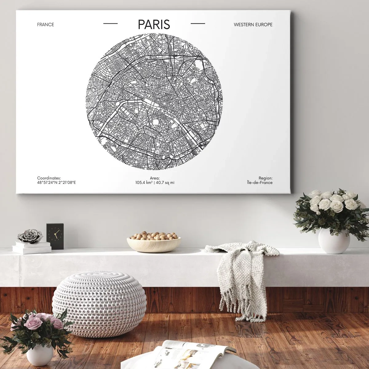 Tablou pe pânză Canvas - Hartă a Parisului într-un stil minimalist - 70x50cm - Anatomia Parisului - Decorațiune modernă pentru perete pentru living și dormitor ARTTOR