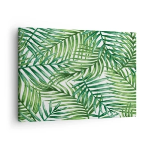 Tablou pe pânză Canvas - Frunze de palmier tropicale verzi pe un fundal deschis - 70x50cm - Sub bolta verde - Decorațiune modernă pentru perete pentru living și dormitor ARTTOR