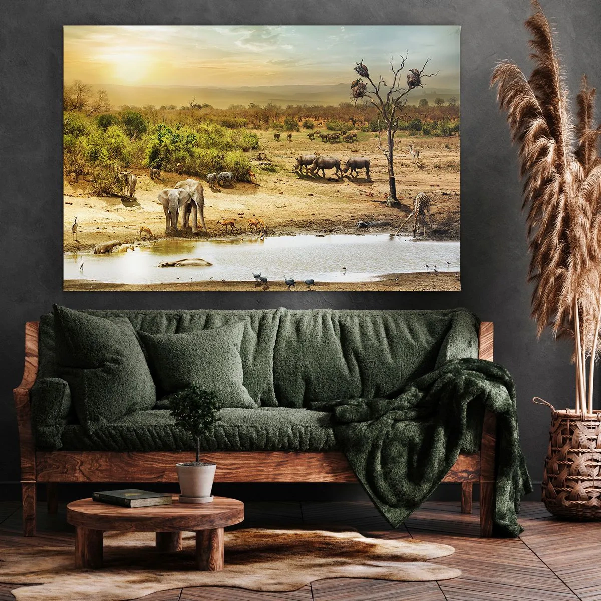 Tablou pe pânză Canvas - Elefanți și animale sălbatice la o adăpătoare la apus - 70x50cm - "Și din Eden curgea un râu..." - Decorațiune modernă pentru perete pentru living și dormitor ARTTOR
