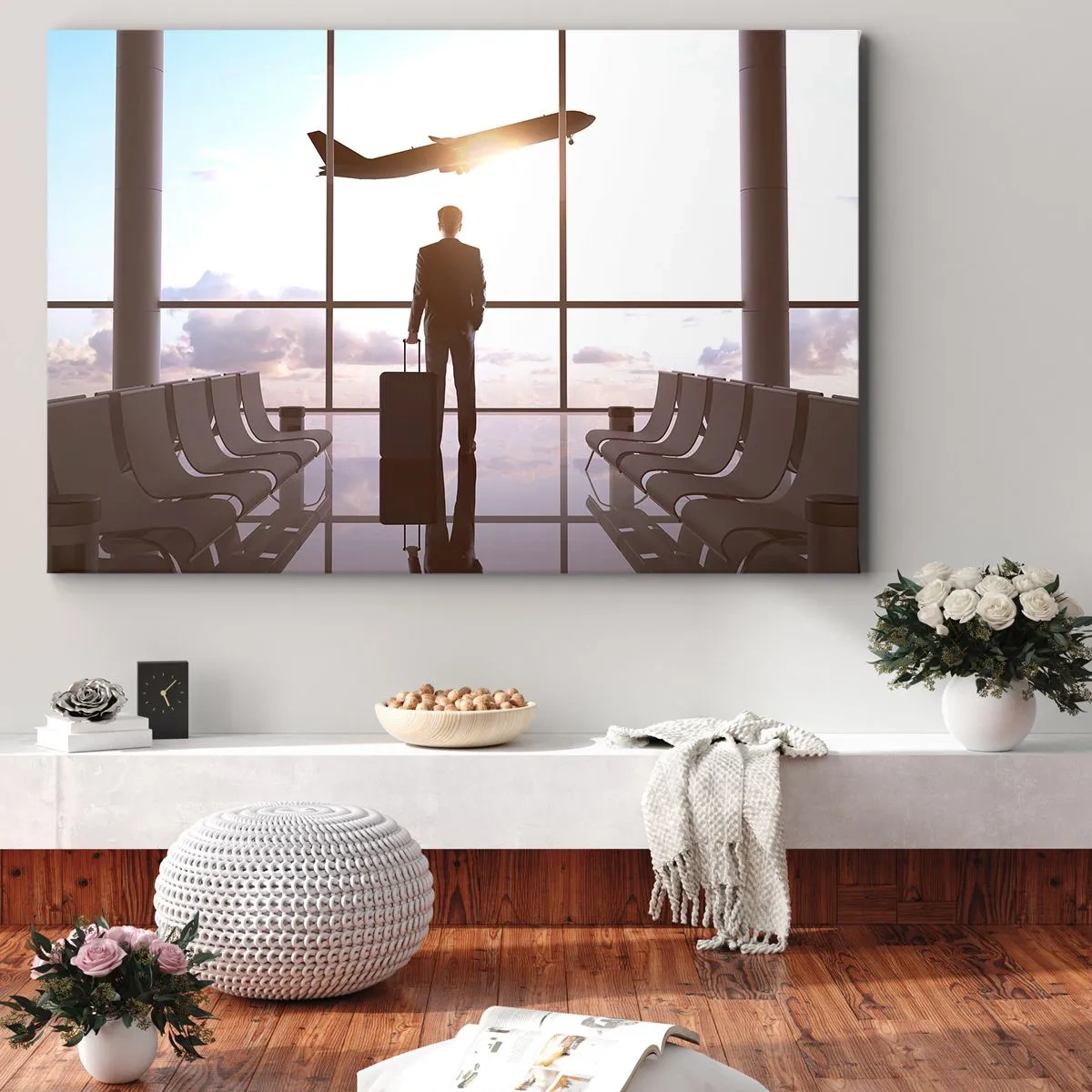 Tablou pe pânză Canvas - Om de afaceri la aeroport cu un avion în fundal - 70x50cm - Ai timp, încetinește - Decorațiune modernă pentru perete pentru living și dormitor ARTTOR