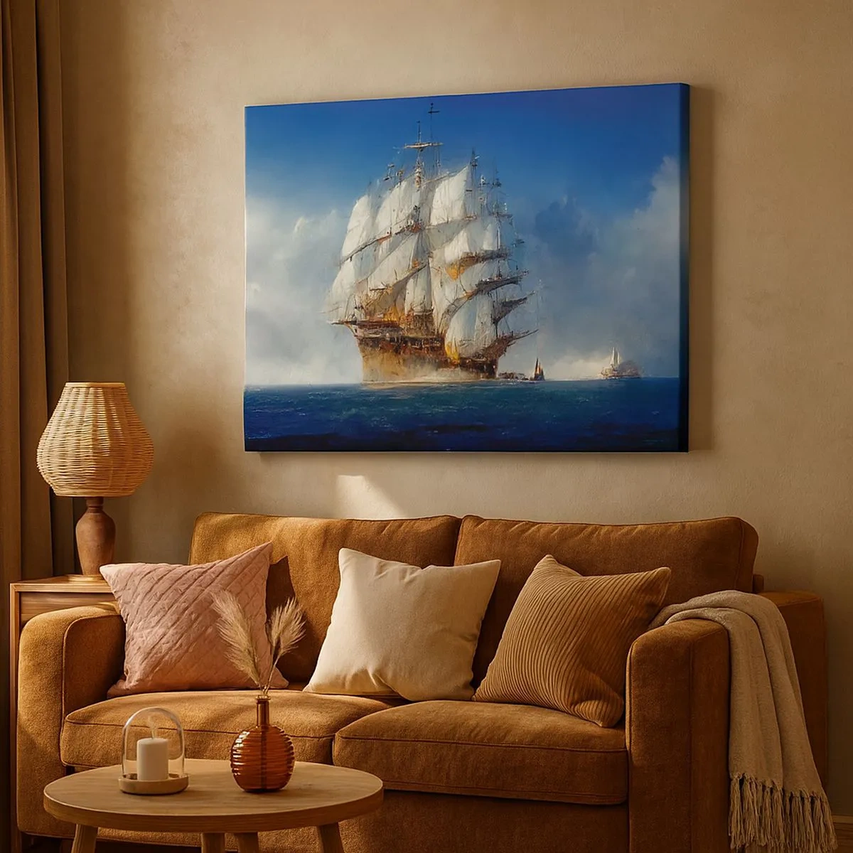 Tablou pe pânză Canvas - O navă cu pânze pe marea deschisă sub un cer albastru - 70x50cm - The great glory! - Decorațiune modernă pentru perete pentru living și dormitor ARTTOR