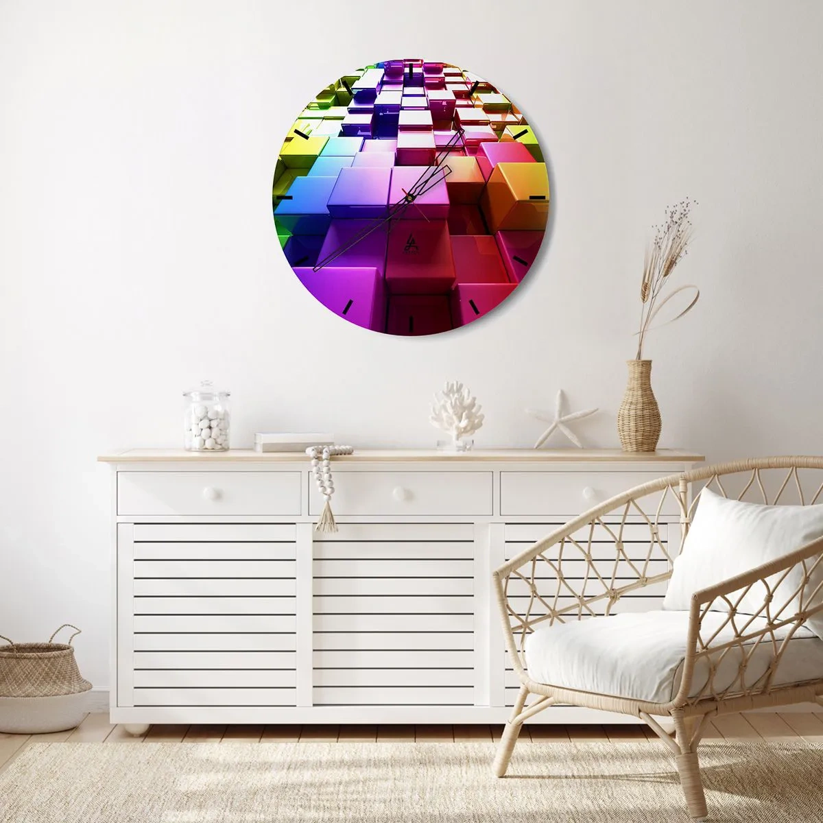 Ceas de perete - Ceas pe sticlă - Cuburi colorate într-o compoziție geometrică - 30x30cm - Op-art împreună ca o echipă - Decorațiune modernă pentru perete pentru living, bucătărie și dormitor ARTTOR