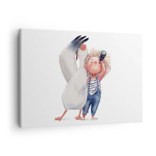 Tablou pe pânză Canvas - Ilustrație a unui copil cu un pelican și un telescop în mână - 70x50cm - Un plan pentru o călătorie minunată - Decorațiune modernă pentru perete pentru living și dormitor ARTTOR