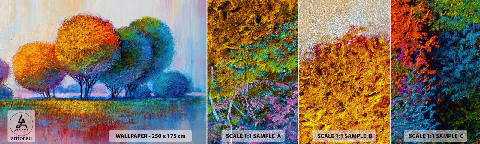 Mostră tapet Premium Sand - Coroanele culorilor - Abstracția, Peisaj, Copaci - 100x30 cm