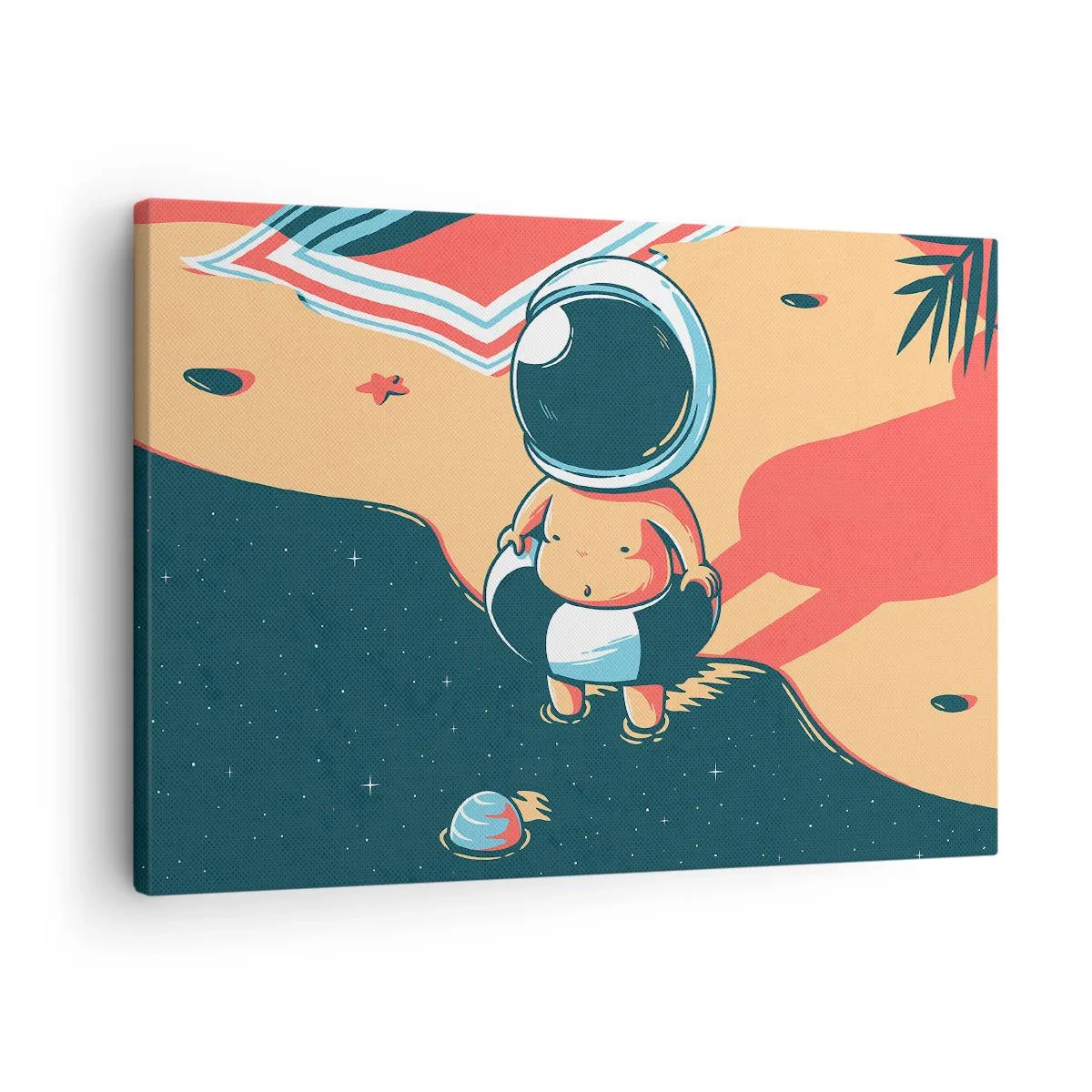 Tablou pe pânză Canvas - Astronaut amuzant pe plajă cu elemente spațiale în fundal - 70x50cm - Dintr-o perspectivă diferită - Decorațiune modernă pentru perete pentru living și dormitor ARTTOR
