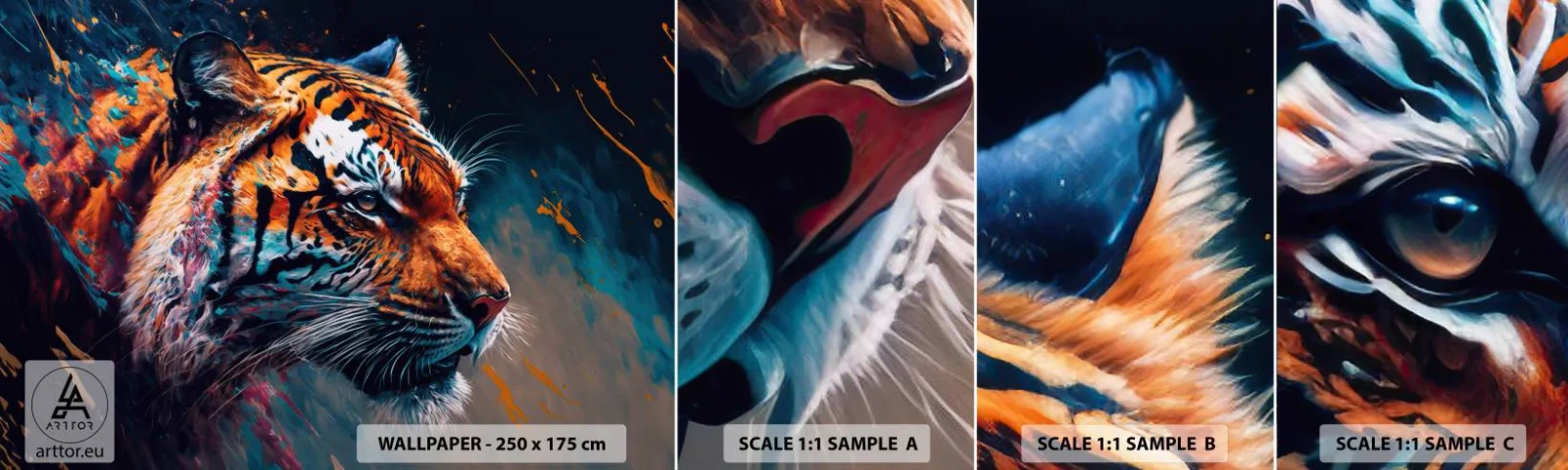 Mostră tapet autocolant Deluxe Sticker - Frumusețe sălbatică - Tigru, Colorat, Animal - 100x30 cm