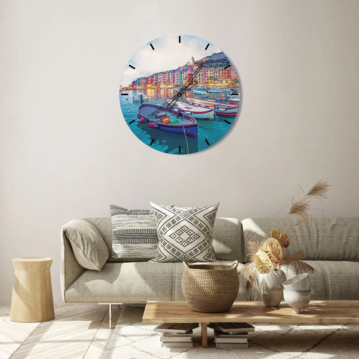 Ceas de perete - Ceas pe sticlă - O seară plină de culoare în port - 30x30 cm