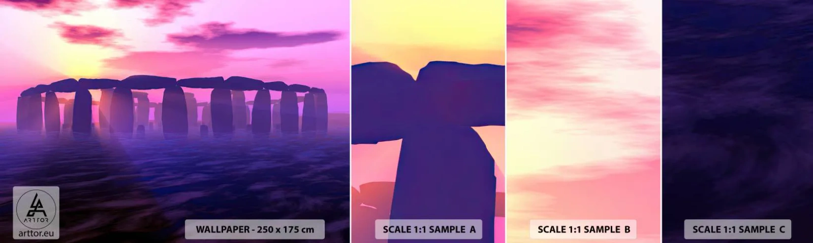 Mostră de Tapet Standard Eco - Mister în zori de zi în ceață - Arhitectură, Stonehenge, Cercuri de piatră - 100x30 cm