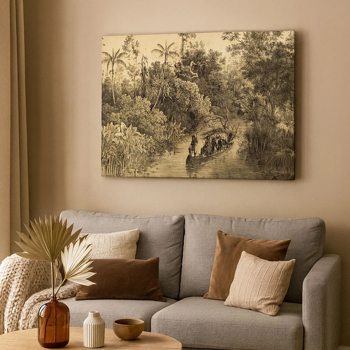 Tablou pe pânză Canvas - Desen al unei jungle cu o barcă pe un râu - 70x50cm - Călătorie la sursă - Decorațiune modernă pentru perete pentru living și dormitor ARTTOR