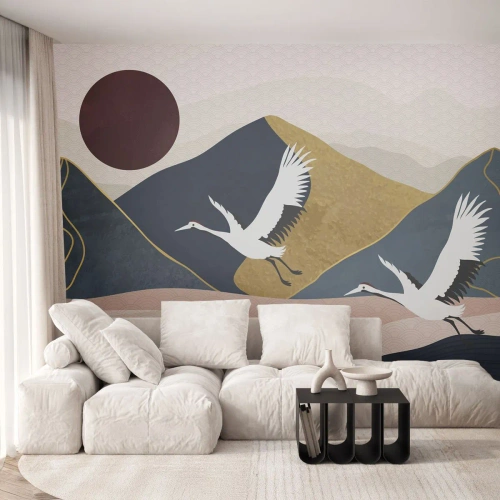 Tapet Standard Eco - Macarale stilizate pe fundalul munților și al unui soare roșu - 100x70cm - Și ziua a zburat din nou - Decorațiune modernă pentru perete pentru living și dormitor ARTTOR