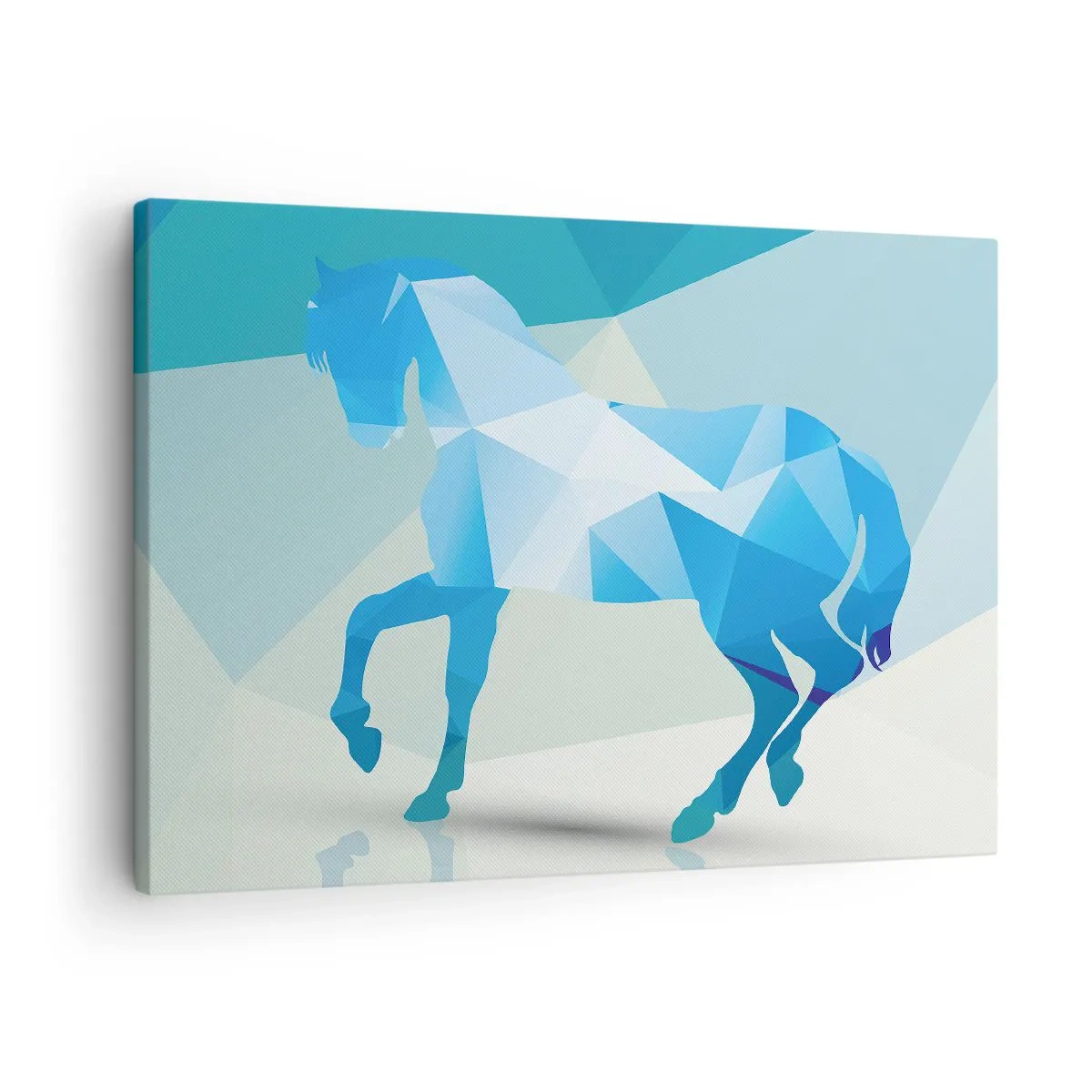 Tablou pe pânză Canvas - Siluetă geometrică a unui cal în nuanțe de albastru - 70x50cm - Cal geometric în turcoaz - Decorațiune modernă pentru perete pentru living și dormitor ARTTOR
