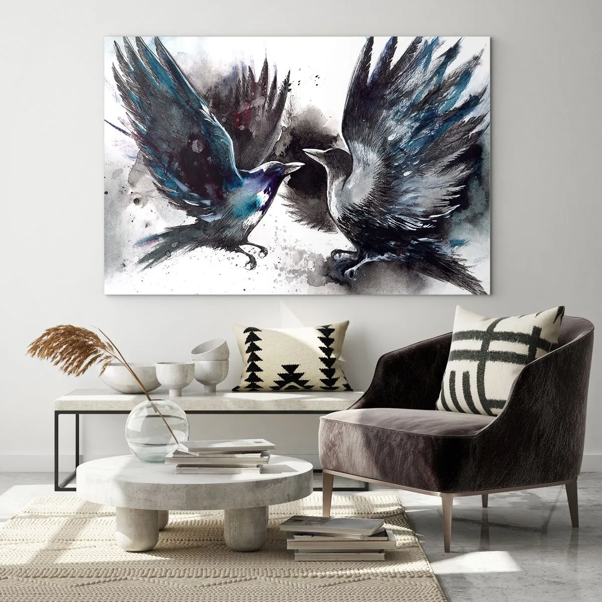 Tablou pe sticlă - Doi corbi într-o poză dinamică cu aripile întinse - 70x50cm - Bătălia corbilor - Decorațiune modernă pentru perete pentru living și dormitor ARTTOR