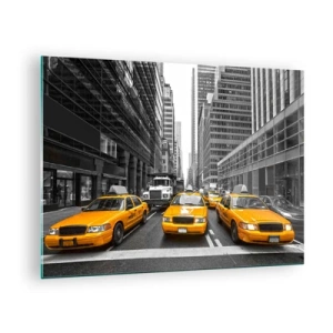 Tablou pe sticlă - Taxiuri galbene pe străzile din New York - 70x50cm - Noi suntem cei care colorăm orașul - Decorațiune modernă pentru perete pentru living și dormitor ARTTOR