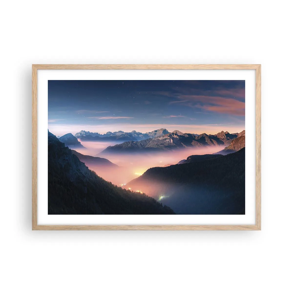 Poster în ramă de stejar deschis - Lumină în văi - 70x50 cm