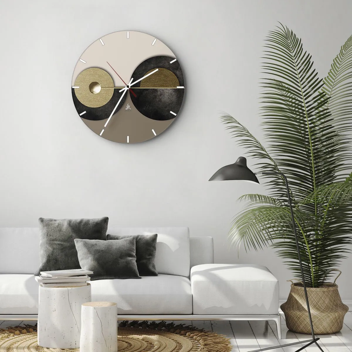 Ceas de perete - Ceas pe sticlă - O compoziție modernă cu cercuri geometrice - 30x30cm - Variații în jurul unui cerc - Decorațiune modernă pentru perete pentru living, bucătărie și dormitor ARTTOR