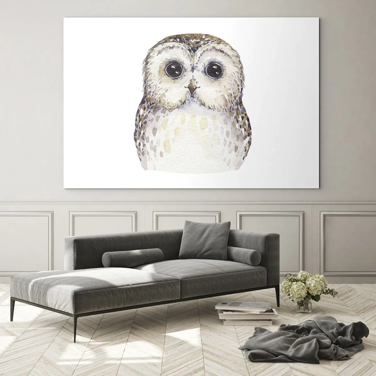 Tablou pe sticlă - Bufniță adorabilă pe fundal alb în stil acuarelă - 70x50cm - Uită-te în ochii mei - Decorațiune modernă pentru perete pentru living și dormitor ARTTOR