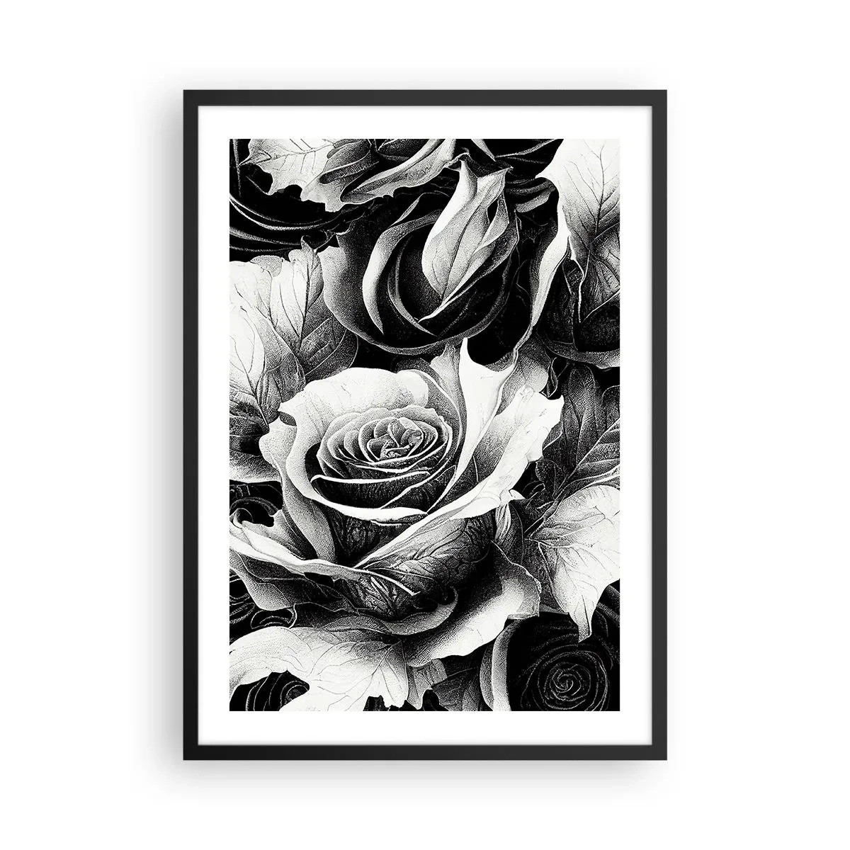 Poster în ramă neagră - O compoziție alb-negru de trandafiri cu clarobscur expresiv - 50x70cm - Mereu regina - Decorațiune modernă pentru perete pentru living și dormitor ARTTOR