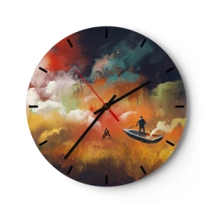 Ceas de perete - Ceas pe sticlă - O figură pe o barcă într-un peisaj suprarealist și colorat - 30x30cm - Cu barca prin galaxie - Decorațiune modernă pentru perete pentru living, bucătărie și dormitor ARTTOR