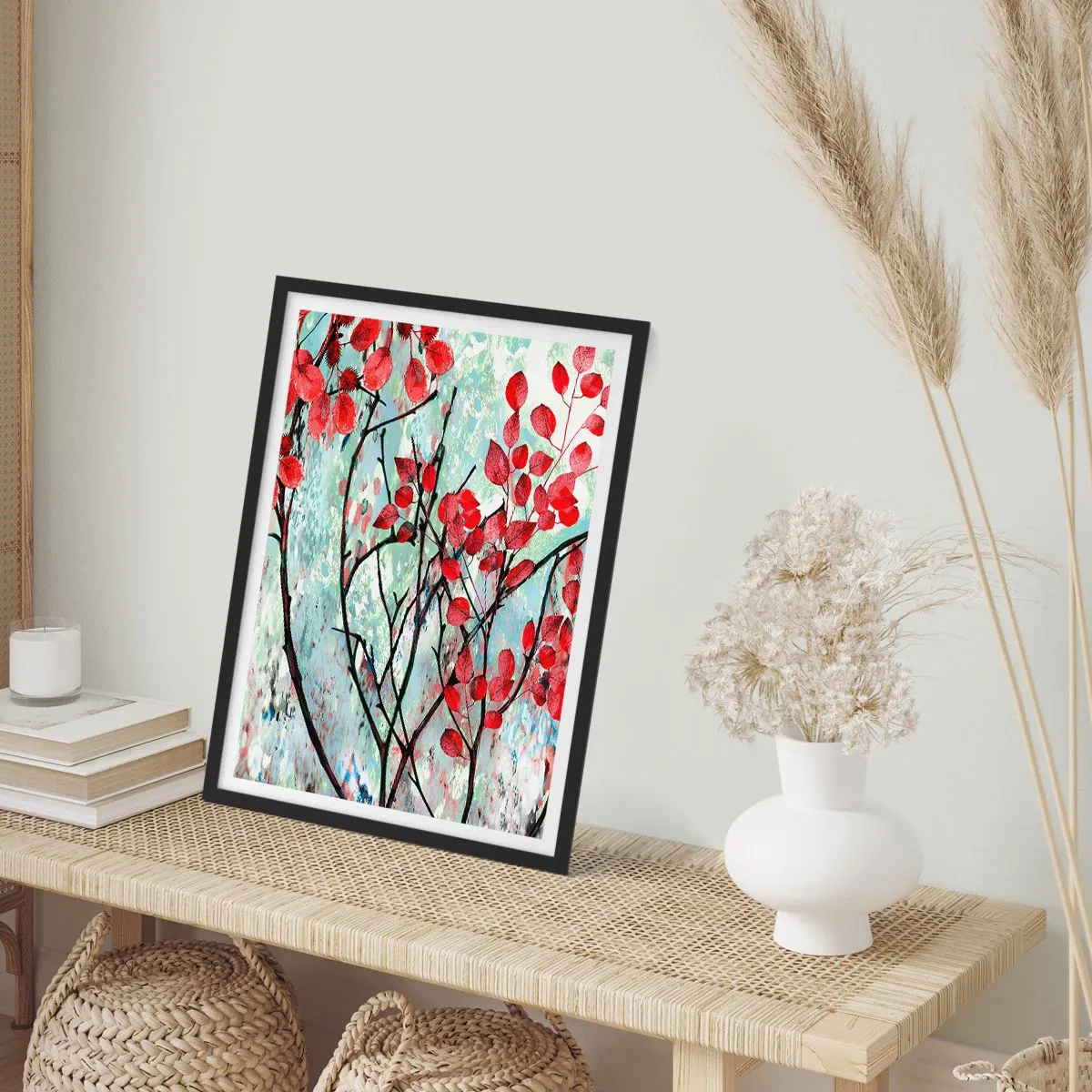 Poster în ramă neagră - Frunze roșii pe un fundal textură abstractă - 50x70cm - Arbore în stacojiu - Decorațiune modernă pentru perete pentru living și dormitor ARTTOR