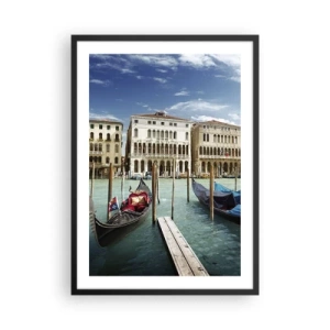 Poster în ramă neagră - Gondole pe apă cu clădiri istorice în fundal în Veneția - 50x70cm - Palate în albastru - Decorațiune modernă pentru perete pentru living și dormitor ARTTOR