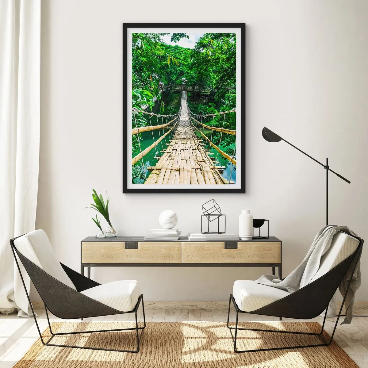 Poster în ramă neagră - Pod de maimuțe peste verdeață - 40x50 cm