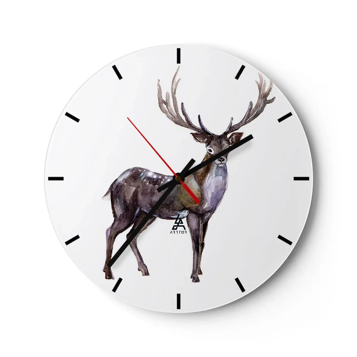 Ceas de perete - Ceas pe sticlă - Imagine în acuarelă a unui cerb - 30x30cm - Regele pustietății nordice - Decorațiune modernă pentru perete pentru living, bucătărie și dormitor ARTTOR