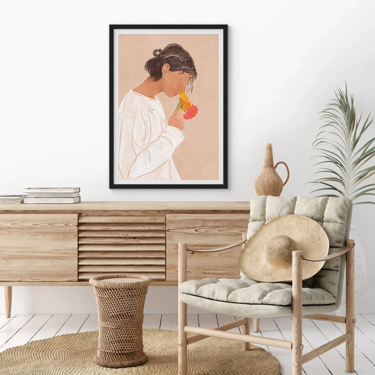 Poster în ramă neagră - Fată și floare - 40x50 cm