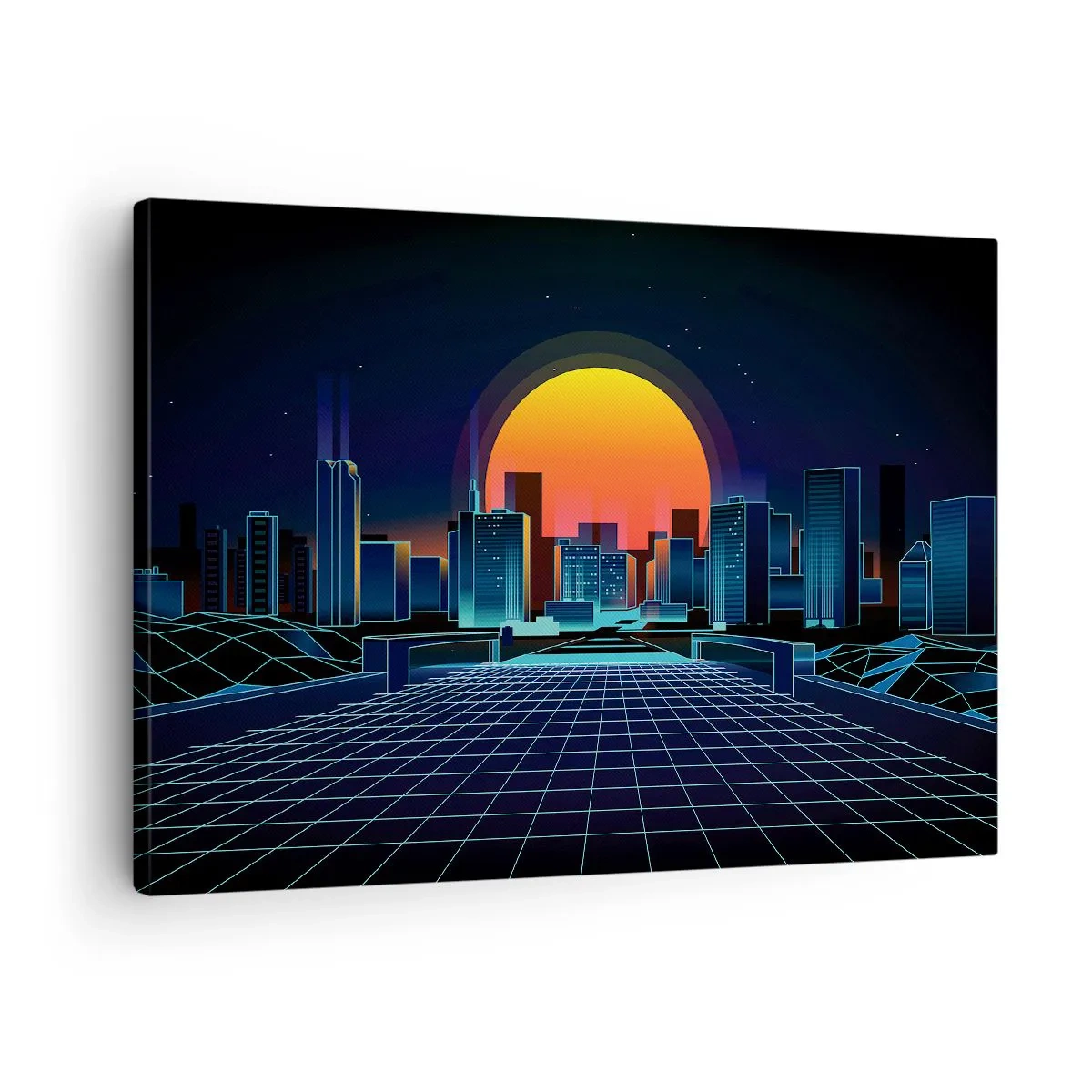 Tablou pe pânză Canvas - Orizont urban futurist în stil neon - 70x50cm - Încă mai vrei să ajungi la lumea reală? - Decorațiune modernă pentru perete pentru living și dormitor ARTTOR