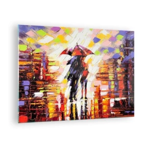Tablou pe sticlă - Un cuplu sub o umbrelă roșie într-un oraș colorat - 70x50cm - Împreună prin noapte și ploaie - Decorațiune modernă pentru perete pentru living și dormitor ARTTOR